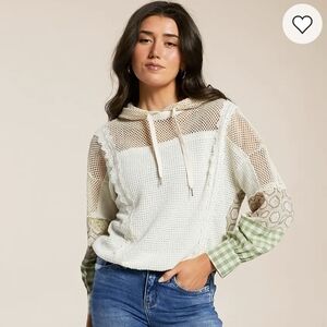 Miss Me Cream Mesh Hoodie with Green Plaid Cuffs